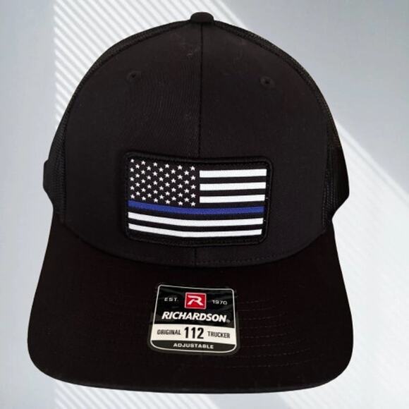 NEW BRCC Richardson 112 Trucker HAT with a “Thin Blue Line” American Flag Patch - Picture 1 of 4